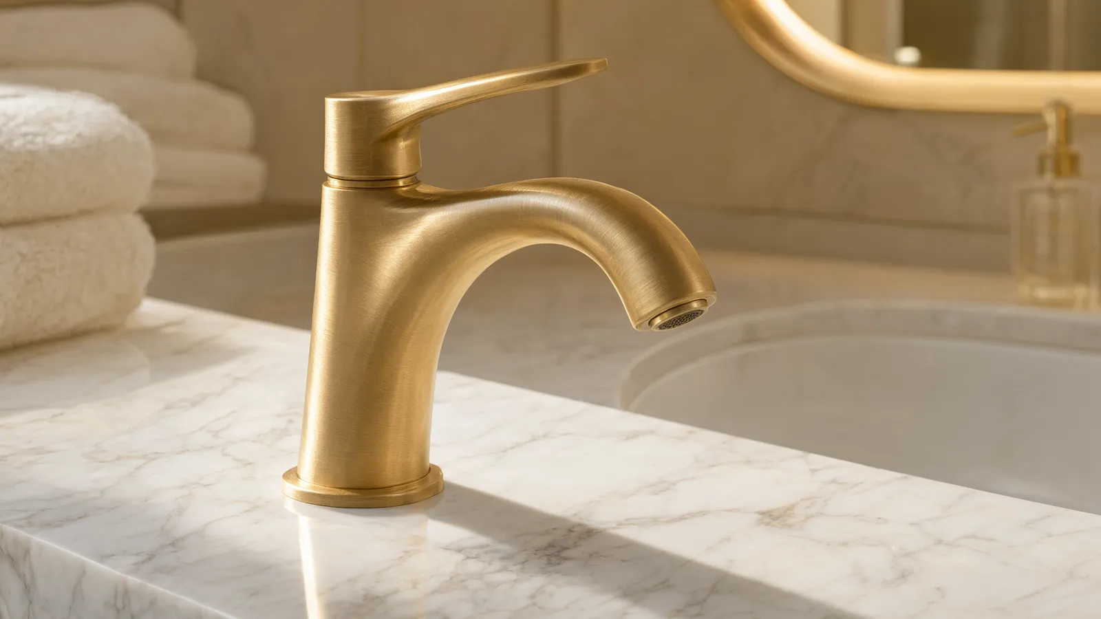 Brushed gold brass basin faucet in a luxury hotel bathroom